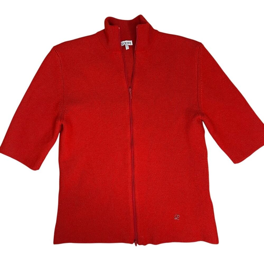 Loewe Wool Full Zip Sweater Short Sleeve Ribbed Size Large‎ Red Quiet Luxury